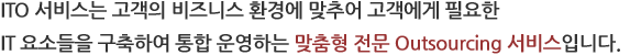 ITO 서비스는 고객의 비즈니스 환경에 맞추어 고객에게 필요한 IT 요소들을 구축하여 통합 운영하는 맞춤형 전문 Outsourcing 서비스입니다.
